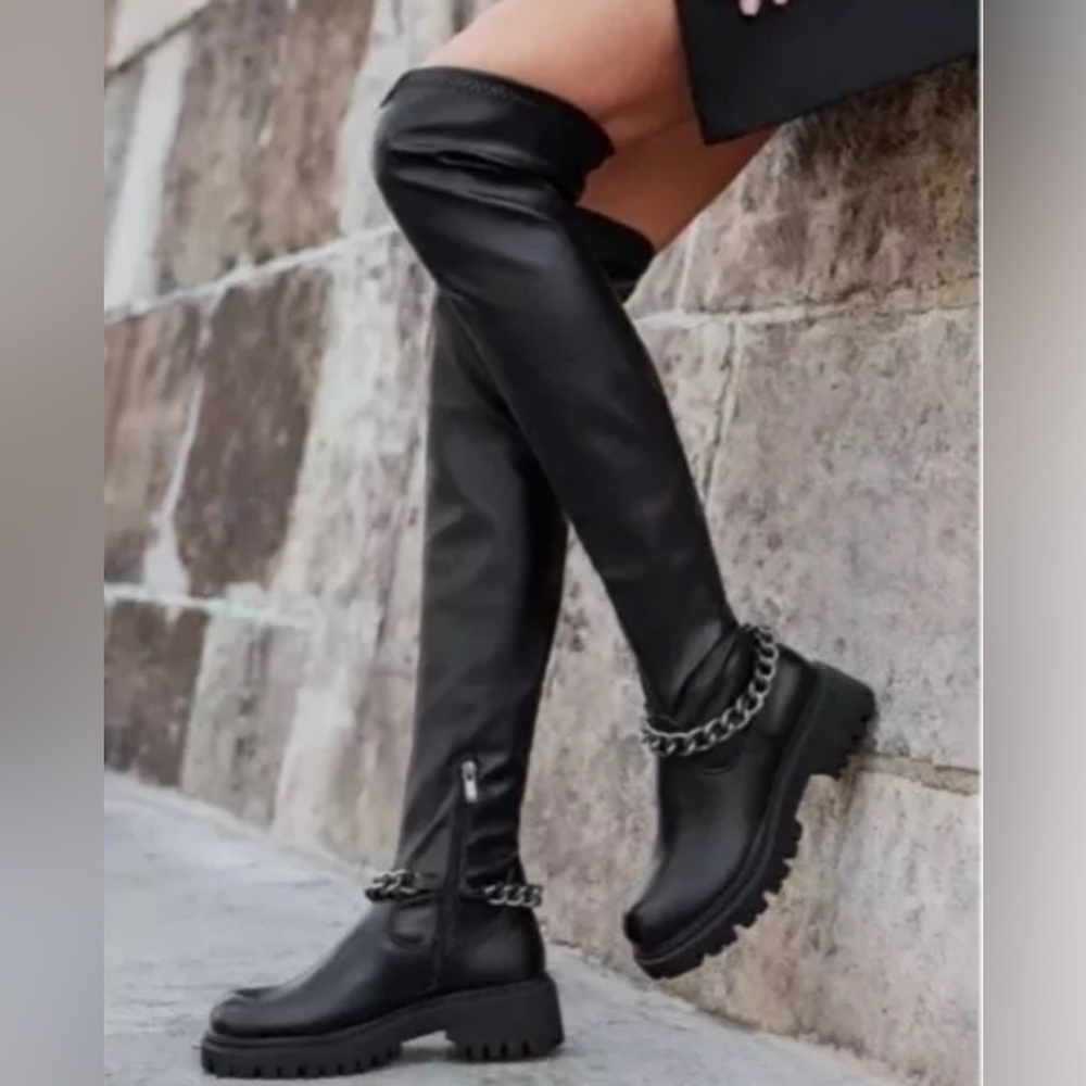 G By Guess Coen Tall Platform Boots Over The Knee Chain Chunky Festival Goth - Picture 2 of 13